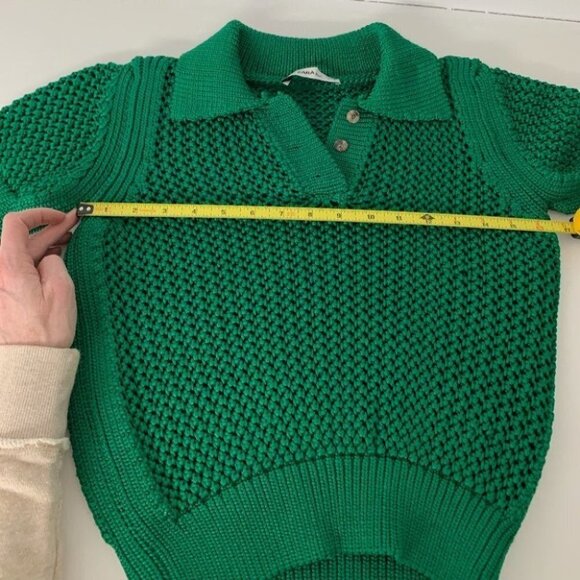Zara Knit Kelly Green Collared Short Sleeve Crocheted Sweater - Picture 6 of 8